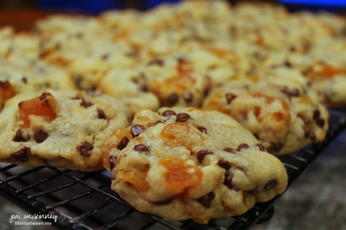apricot chocolate chip cookies on rack