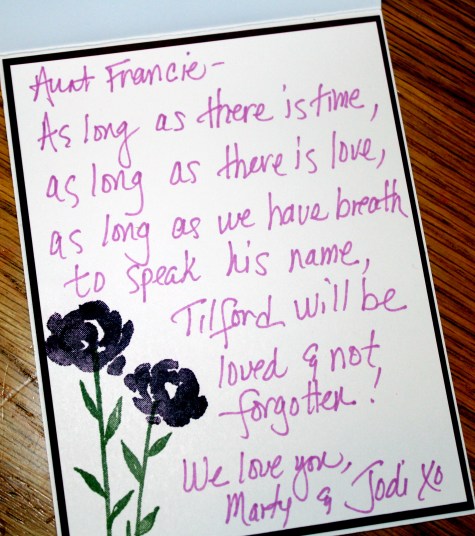 inside aunt francie sympathy card for tilford message