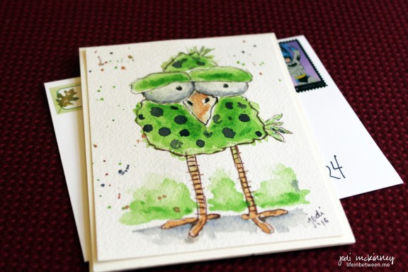 whimsical green and purple polka dot birdie watercolor card read to mail