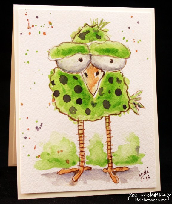 whimsical green and purple polka dot birdie watercolor card