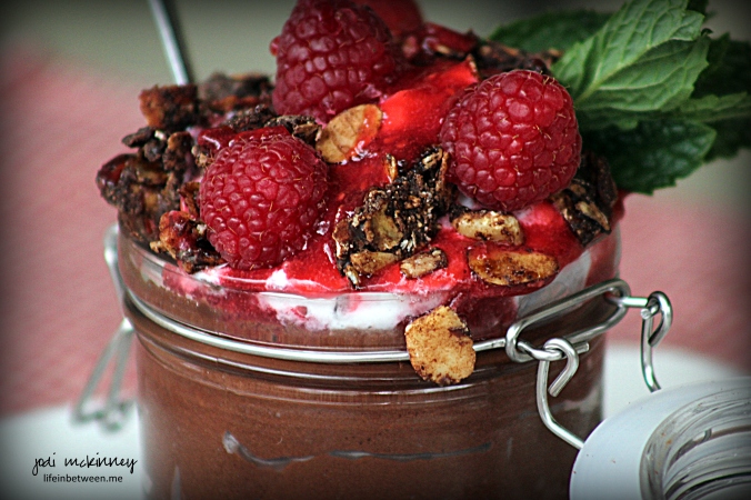chocolate and raspberry custard in a jar dessert 2