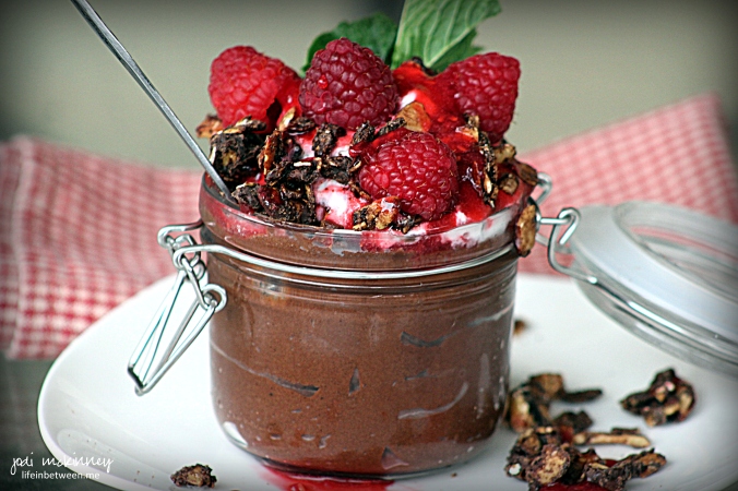chocolate and raspberry custard in a jar dessert