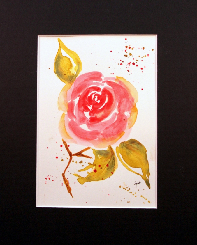 pink rose impressionist watercolor 5x7 matted 8x10 2