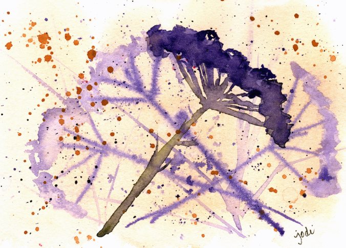 Flower seed pods blowing in the wind watercolor in violet and raw sienna
