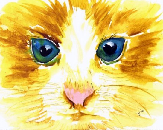 Blue Eyed Yellow Cat Face Close Up Watercolor - 7.5 x 9.5