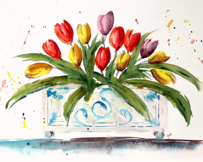 tulip-bunch-in-planter-watercolor-11x14