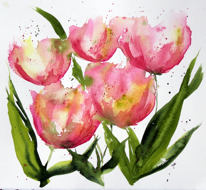Pink Apricot Watercolor Expressionist Tulips - 8 x 10 Fabriano 140 lb Cold Press