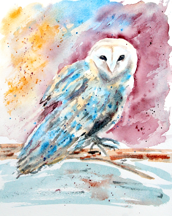 Odessa the Owl on Moonbeam Farm in Watercolor 8x10 140 lb Saunders Cold Press