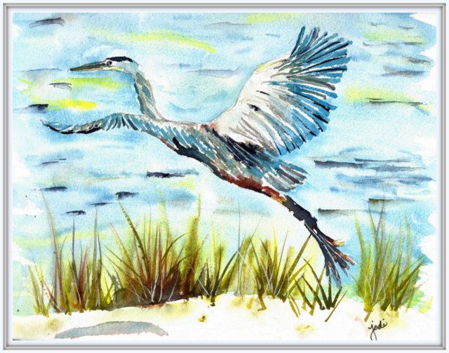 Blue Heron Taking Flight Watercolor - 8x10 140 lb Saunders Cold Press