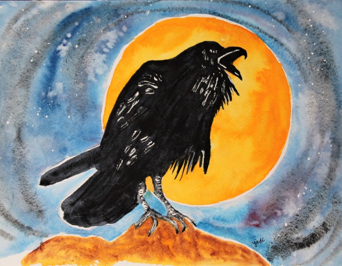 Full Moon Raven Watercolor 8x10