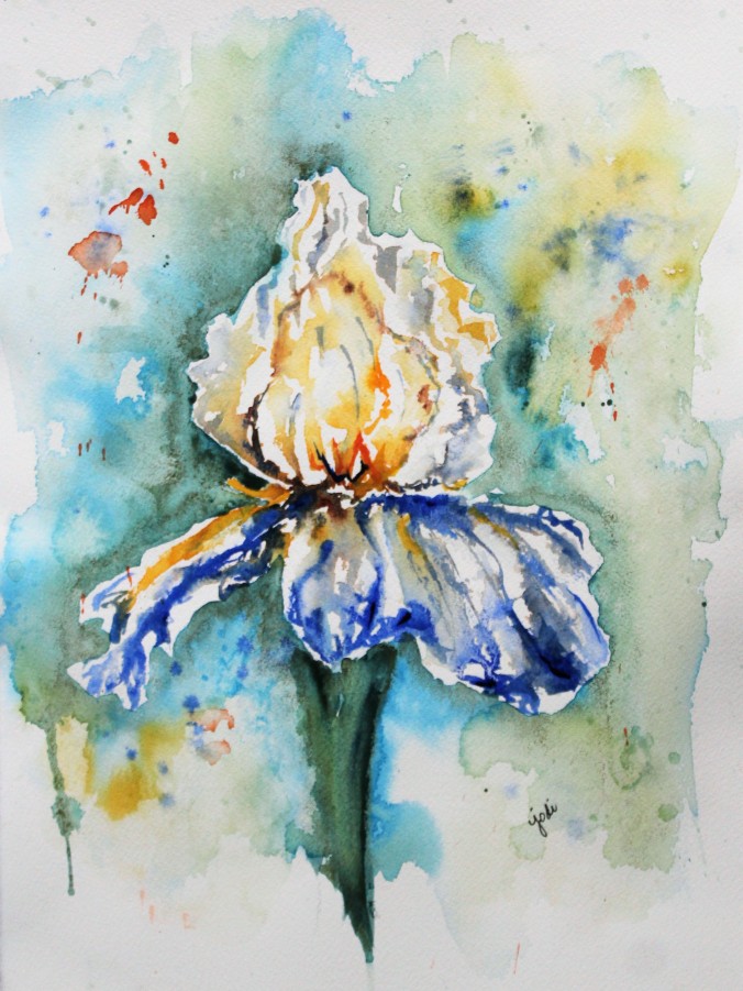 Blue Iris in Cascade Green Negative Watercolor 11x14